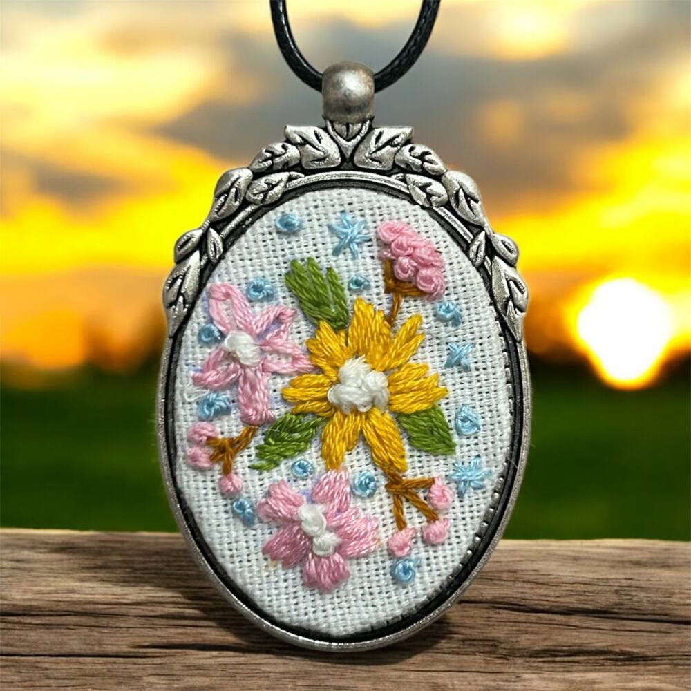 Embroidered Cameo Necklaces Yellow & Pink Flowers